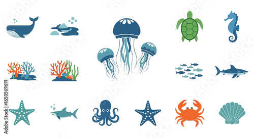 A colorful collection of flat design sea life illustrations, including a whale, jellyfish, turtle, and shark, isolated on a white background.