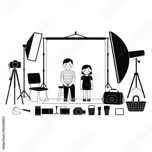 Black and white vector bundle of family photography setup with DSLR, tripod, softbox, backdrop, flash, and props