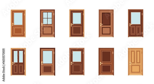A diverse collection of classic brown wooden doors with various panel and glass window designs.