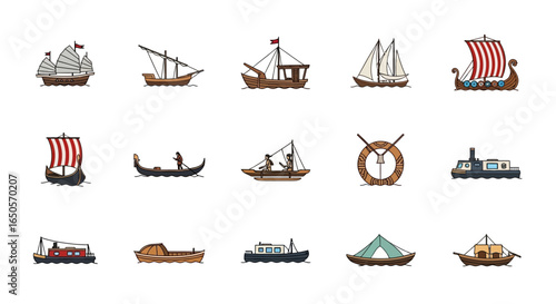 A diverse collection of hand-drawn boat and ship icons, featuring historical and modern watercraft from various cultures.