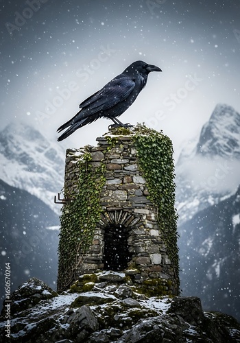 Raven on Stone Tower in Snowy Mountain Landscape