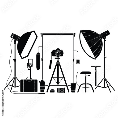 Black and white vector bundle of professional studio setup icons including DSLR, tripod, softbox, umbrella light, reflector, backdrop, and gear
