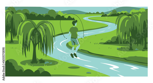 Young athletic man exercising with a jump rope in a beautiful summer park by the river. Healthy active lifestyle and outdoor fitness concept