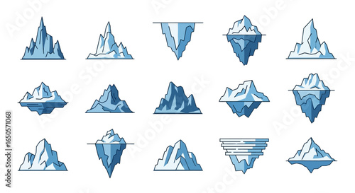 A diverse set of stylized blue iceberg illustrations, showing various shapes and underwater views.