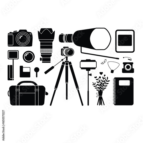 Black and white vector bundle of wedding photographer essentials with DSLR, lenses, flash, softbox, tripod, reflector, bouquet prop, and notebook