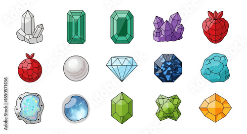 A vibrant collection of cartoon-style gemstones, crystals, and precious jewels, showcasing various cuts, colors, and shapes.
