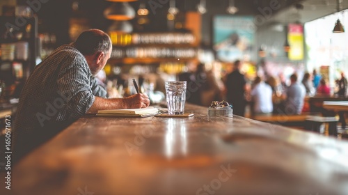 Man Writing at Bar with Glass of Water and Restaurant Background