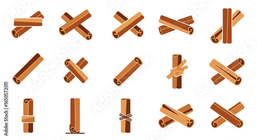 Aromatic brown cinnamon stick icon collection in various flat vector arrangements.