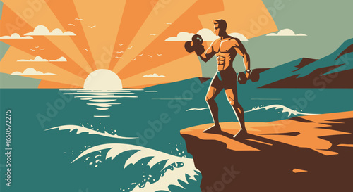 Coastal Strength Determined Athlete with Dumbbell Overlooking the Ocean Sunset Vector Illustration