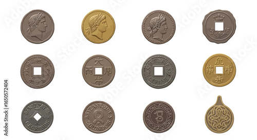 Assorted Ancient Coins: Roman, Chinese, Byzantine, and Decorative Designs.