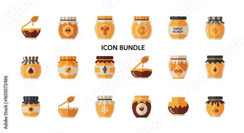 Assorted Honey Jars and Bowls Icon Set with Various Designs and Colors