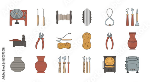 Assortment of Ceramic Pottery Making Tools and Finished Vases