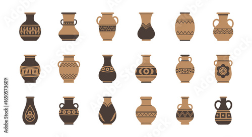 Collection of Ancient Greek Amphorae and Vases with Geometric Patterns