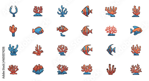 Collection of Cartoon-Style Coral Reef Elements: Fish and Coral