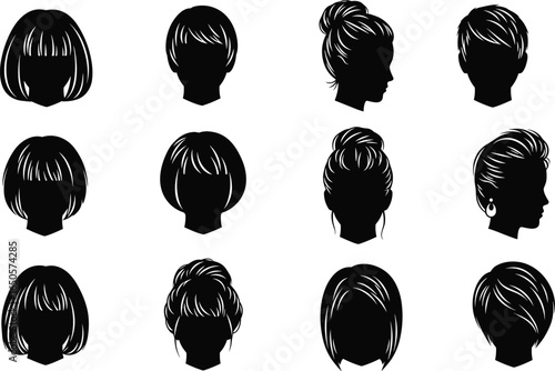 Female hairstyle silhouette vector set, elegant woman hair design, various haircut styles, black graphic clipart for salon, beauty, fashionFemale hairstyle silhouette vector set