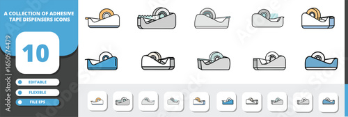 Ten diverse adhesive tape dispenser icons in various colors and styles.