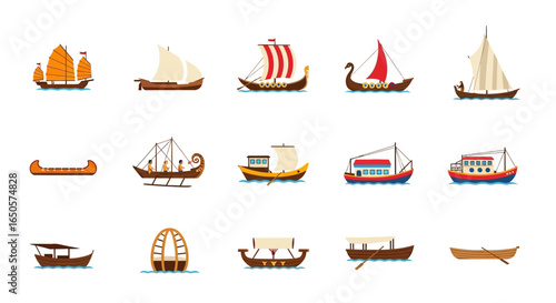 Collection of Diverse Vintage Boats and Ships:  Detailed Illustrations of Historical Vessels