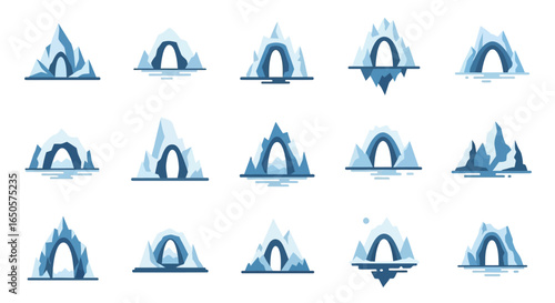 Collection of Flat Design Iceberg Arches with Water Reflections