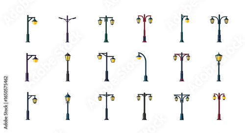 Collection of Flat Design Street Lamps with Various Styles