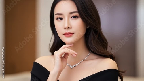 Elegant Woman in Black Dress with Diamond Jewelry