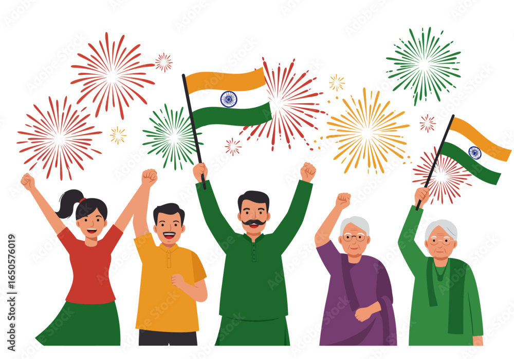 Fototapeta premium Five cheering people fireworks Indian flags