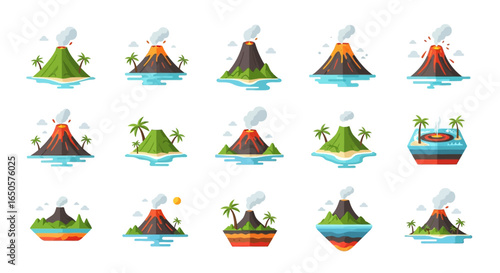 Collection of Flat-Style Volcanic Island Illustrations