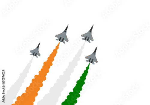 Four planes fly with colored smoke trails orange white and green against a white backdrop