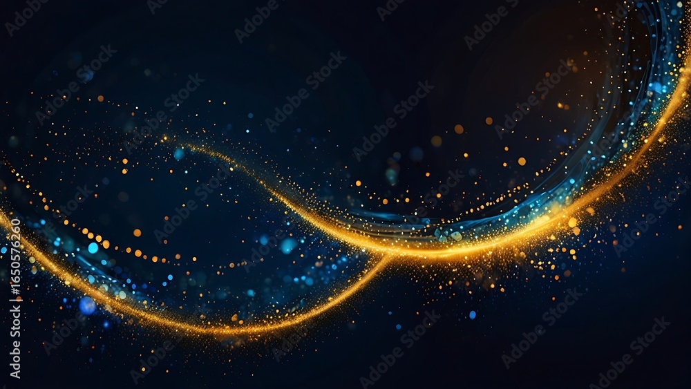 Fototapeta premium Intertwined Golden Light Trails with Blue Bokeh on Dark Blue Abstract background bright