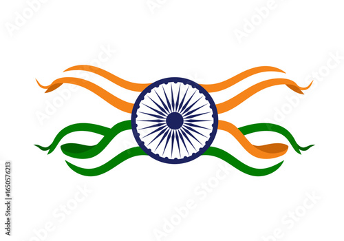 Indian flag saffronorange  green ribbons with dark blue Chakra wheel in center on white backdrop