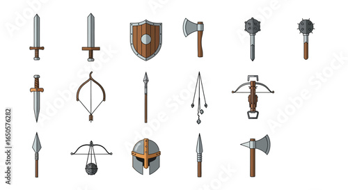 Collection of Medieval Weapons and Armor: Swords, Axes, Bows, Crossbows, and More