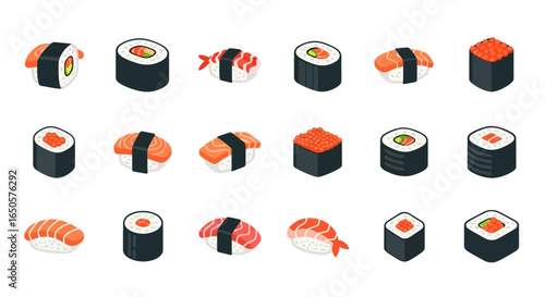 Collection of Isometric Sushi Illustrations: Maki, Nigiri, and Gunkan Styles with Salmon, Shrimp, and Caviar