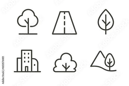 Minimalist icon set: tree, road, leaf, building, bush, mountain
