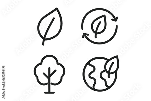 Eco symbols: leaf, recycling, tree, and earth icons for sustainability