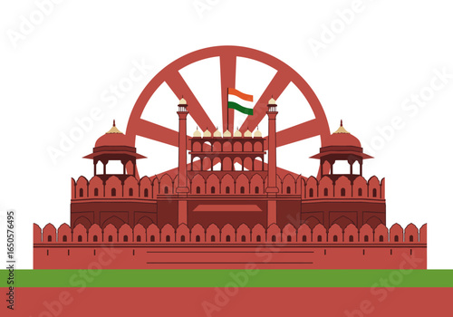 Red Fort illustration with Indian flag wheel backdrop green base