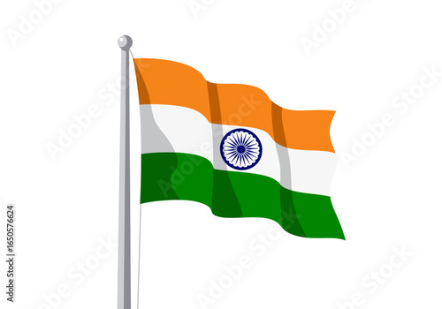 The Indian flag waves on a pole displaying its orange white and green stripes centered with the navy blue Ashoka Chakra