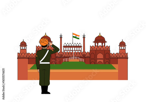 Soldier saluting the Indian flag at Red Fort in India