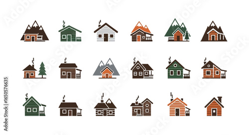 Collection of Rustic Wooden Cabin Icons with Mountain Scenery