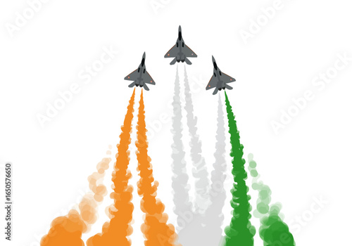 Three fighter jets fly leaving orange white and green smoke trails