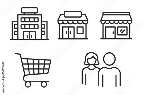 Retail icons: buildings, shops, shopping cart, and people in minimalist style
