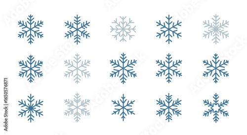 Collection of Stylized Blue and Gray Snowflakes with Intricate Branching Patterns