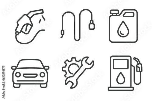 Set of fuel and automotive line icons including gas pump, cable, oil can, car, wrench, fuel station