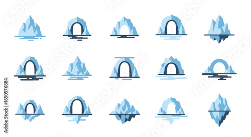 Collection of Stylized Blue Iceberg and Ice Arch Icons