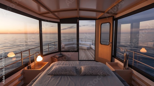 Interior view of a boat cabin with a bed and ocean view at sunset through large windows and open door 