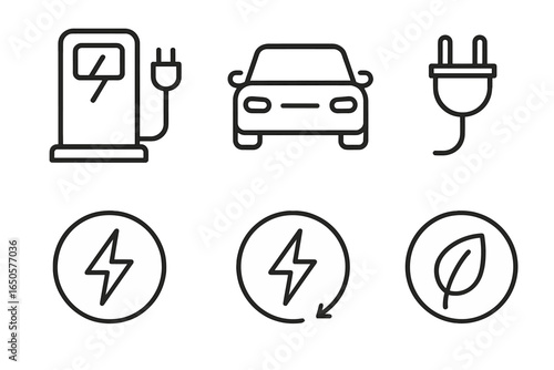 Electric vehicle and charging icons with sustainability symbols