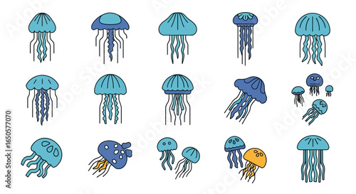 Collection of Stylized Cartoon Jellyfish in Various Blue and Teal Hues
