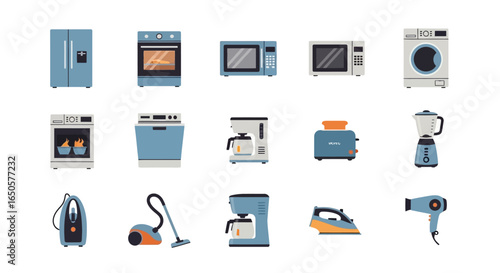 Collection of stylized home appliances in blue and orange tones