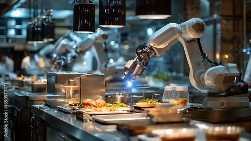 Fototapeta Naklejka Na Ścianę i Meble -  Robot arm cooks food in restaurant. Automation, future cuisine, culinary concept, technology. Use for marketing, editorial, web design.