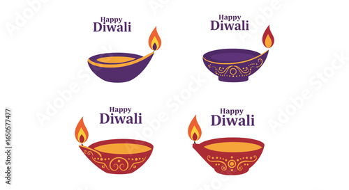 Diwali celebration with decorative oil lamps and greetings on a white background