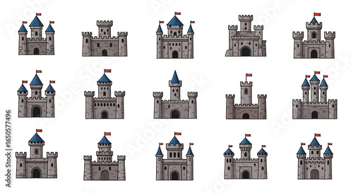 Collection of Stylized Medieval Castles with Blue Roofs and Red Flags