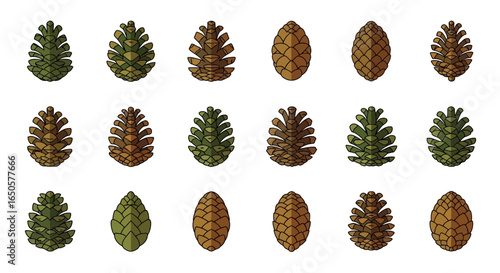 Collection of Stylized Pine Cones in Various Green and Brown Hues